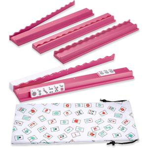4PCS Mahjong Racks with Pushers, Wooden American Mahjong Tile Pushers and Racks Set of 4, with White Printed Mahjong Racks Drawstring Bag, Mahjong Accessories (19.68 Inches)