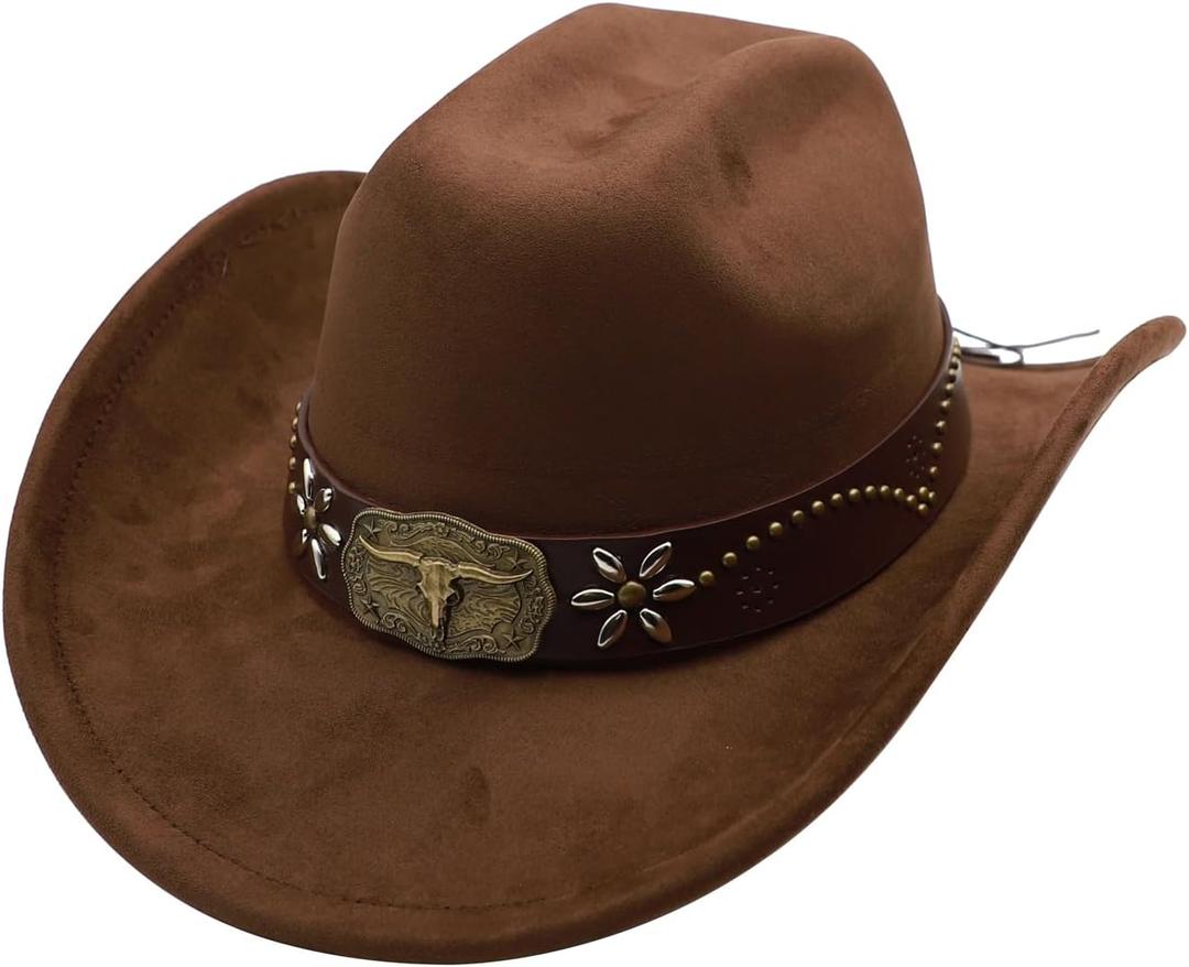 Western Cowboy Hat for Men Cowgirl Hat for Women Wide Brim Felt Fedora Hats Classic Cowboyhat with Buckle Belt (Medium, Coffee)
