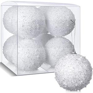 BBTO 8 Pcs Christmas Tree Ball Ornaments Glitter Sequin Foam Ornaments Hanging Decorations for Xmas Wedding Party Holiday Decor(White,4 Inch)