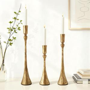 Vintage Gold Taper Candle Holders Set of 3 Cast Iron Antique Brass Decorative Candlestick Holder for Wedding Dining Table Party Rustic Home Decor