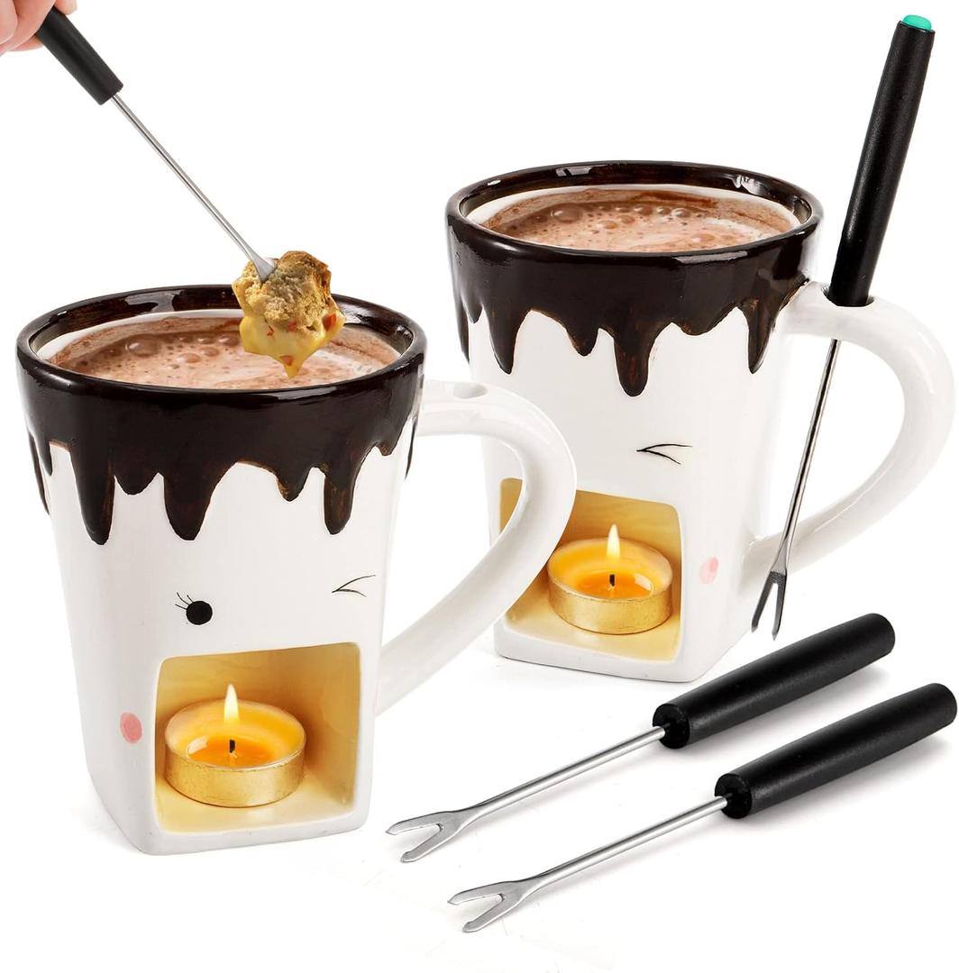 Dicunoy Set of 2 Fondue Mugs with Forks, Ceramic Personal Chocolate Melting Cup for Cheese, Individual Ceramic Butter Warmers Pot, Tealight Candle Mini Simmer Mug for Caramel, Tapas