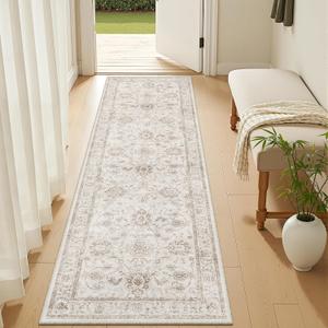 Madane 2x6 Washable Runner Rug Non-Slip, Vintage Kitchen Hallway Rug with Rubber Backing, Soft Low Pile Throw Carpet Runner for Entryway Laundry Bathroom Bedroom Living Room (2 x 6, Brown/Ivory)