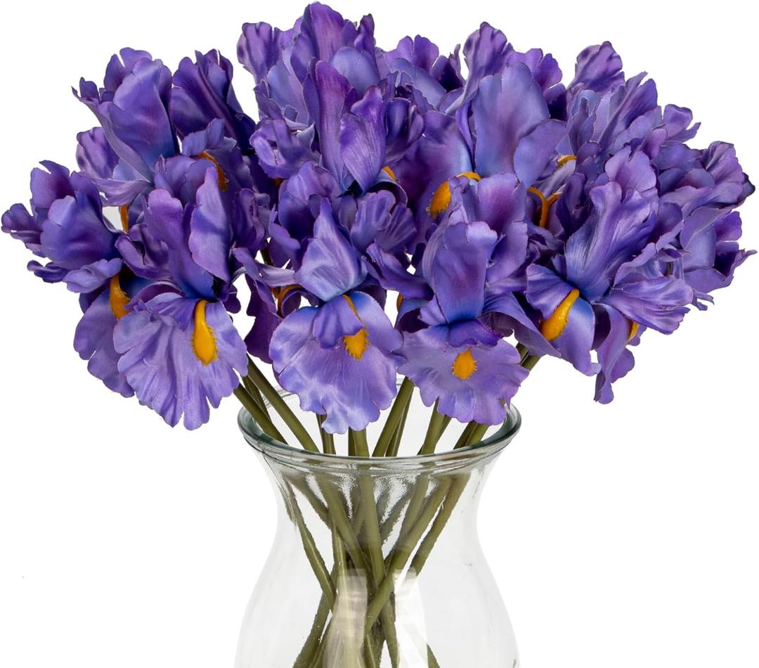 Hollyone Iris Artificial Flowers 15Pcs Faux Iris Purple Flowers 14.2" Real Touch Fake Flowers Picks Bouquets for Wedding Bridal Home Arrangements Office Table Centerpieces Decor