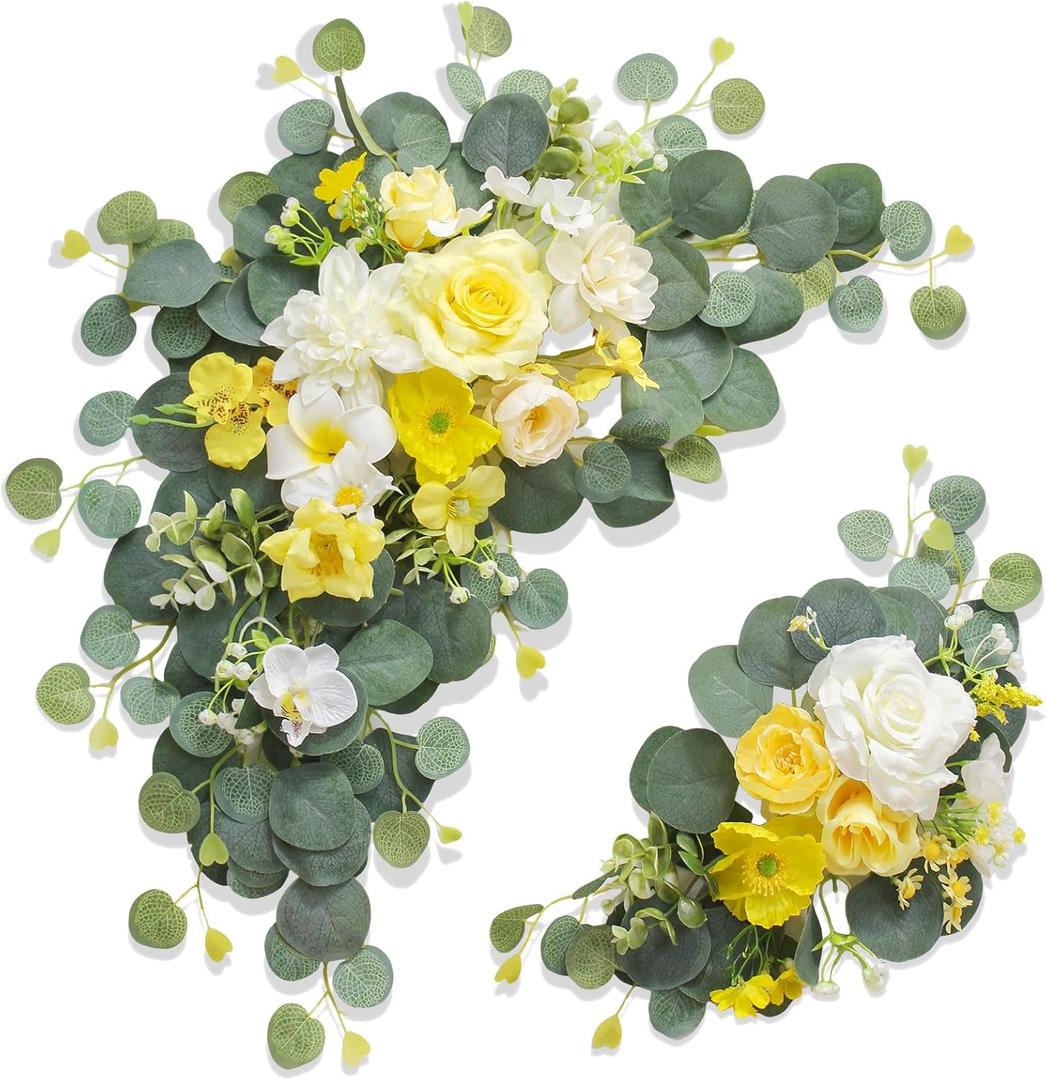 Artificial Wedding Arch Flowers for Wedding Sign,Set of 2 for Wedding Welcome Ceremony Sign,Faux Floral Swags,Wedding, Banquet and Reception Backdrop Floral Decoration (Yellow)