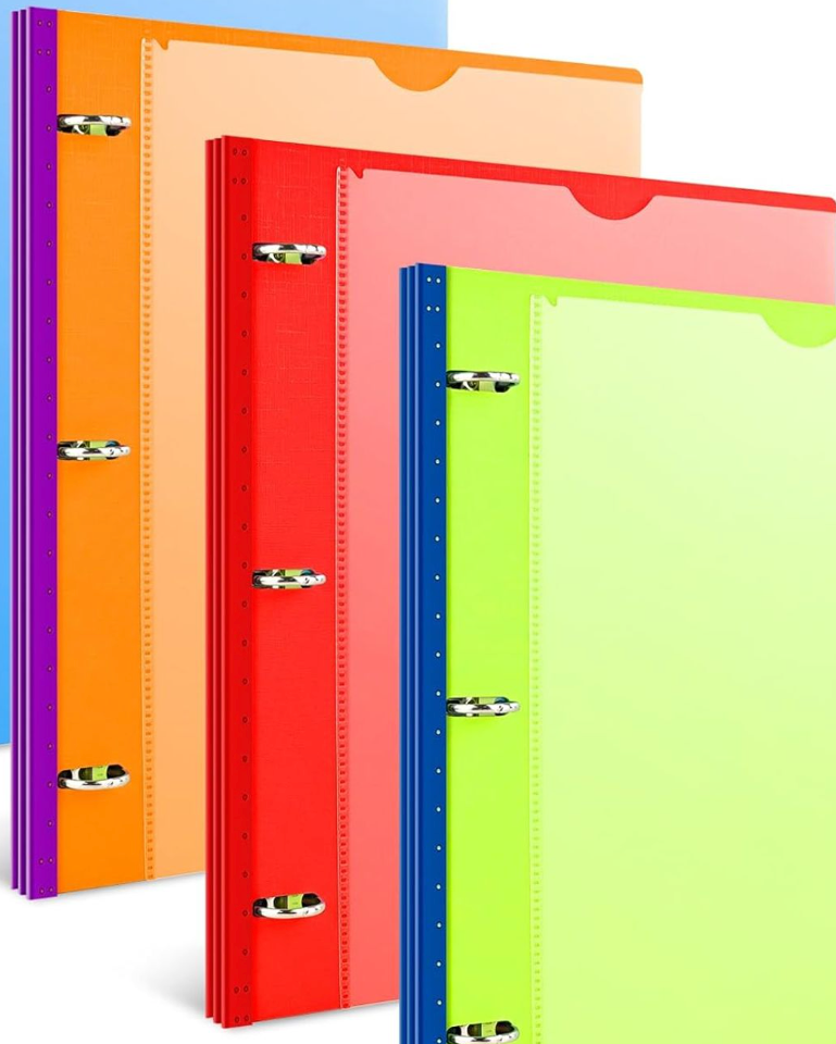 INFUN Telescoping 3 Ring Binder - 2PCS, Flexible Round Binder with Customizable Front Cover and Clear Catalog Pocket, Holds 8.5x11 inch Paper- Green, Red, Orange, Blue (0.75 Inch)