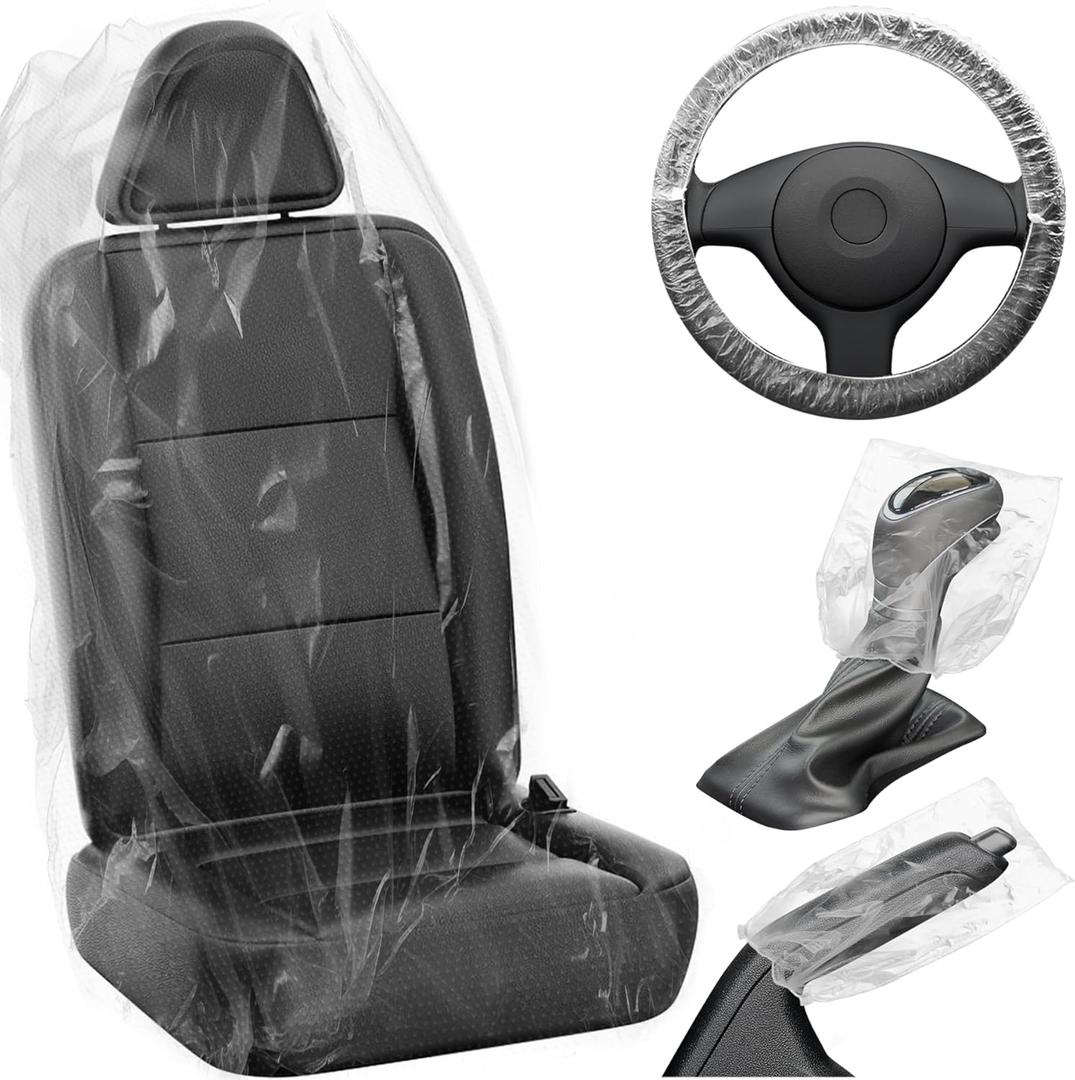 MYFAMIREA 250 PCS Disposable Car Seat Covers Clear Plastic Vehicle Seat Protector Set with Steering Wheel, Gear Shift and Handbrake Covers, Universal for Cars Auto Truck Bus Airplane