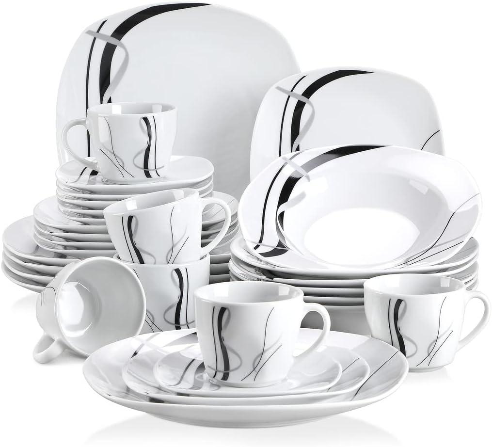 VEWEET, Series Fiona, 30-Piece Dinnerware Sets for 6, White Dishes Set with Black and Gray Stripes, Porcelain Dinner Set Including Dessert Plates, Soup Plates, Dinner Plates, Cups & Saucers
