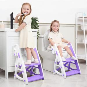 Potty Training Seat, Primlect Upgrade Ultra-Stable Toddler Toilet Seat for Kids Boys Girls, 2 in 1 Potty Training Toilet with Step Stool, Adjustable Seat and Ladder, Non-Slip Pad, Splash Guard(Purple
