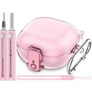 [with Safety Lock] Clear Case for Samsung Galaxy Buds FE(2023)/Buds 2 Pro(2022)/Buds 2(2021)/Buds Pro(2021)/Buds Live(2020),Accessories with Anti-Lost Keychain/Silicone Wrist Strap(Pink)