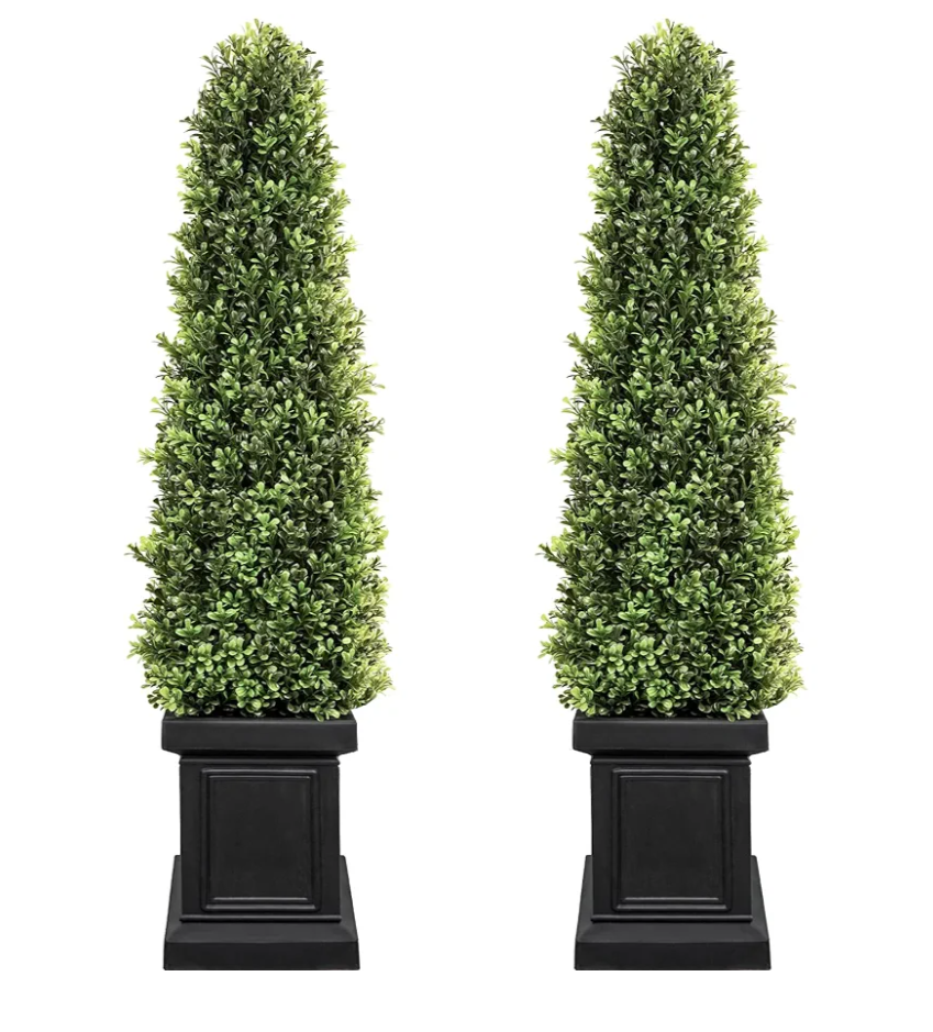 4ft Boxwood Outdoor Topiary Set of 2, Tall Porch Trees, All-Year Green Fake Plant Topiary Trees Artificial Outdoor with Sturdy Pot for Porch Indoor (Square)