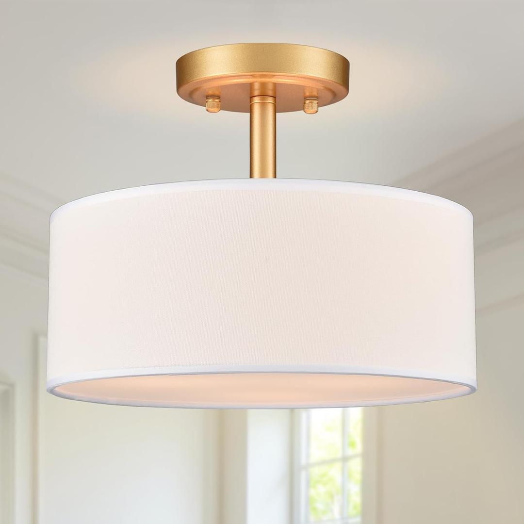 Modern Light Fixture Ceiling Mount Flush Mount Drum Ceiling Light Fixture 3 Light Gold Semi Flush Mount Ceiling Light for Hallway Bedroom Entryway Foyer Office, Gold