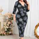 ZOMVA Plus Size Sparkly Wrap Dress 3/4 Sleeve Firework Glitter Bodycon Dresses Wedding Guest Cocktail Evening Party (X-Large Plus, Blue & Black)