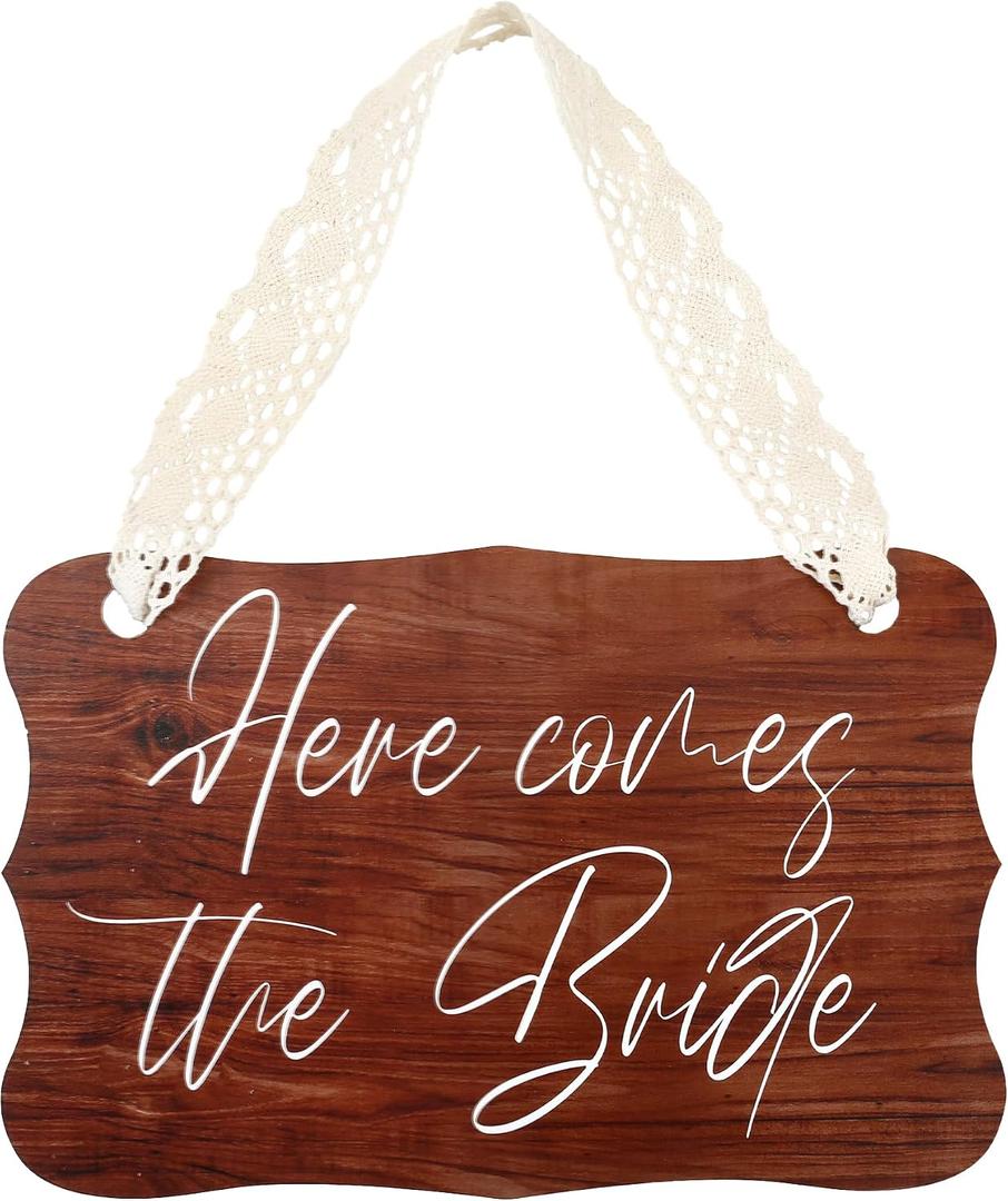 Wooden Here Comes The Bride Sign - Wedding Sign with Lace Ribbon, Rustic Wedding Stuff, Wall Hanging Wedding Decor, Ring Bearer Sign, Engagement Wedding Decorations for Engagement Wedding Party
