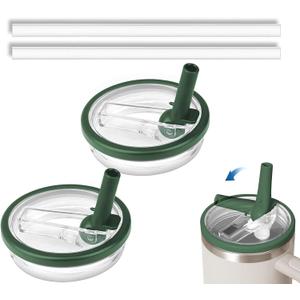 2 Pack 40 oz Tumbler Flip Straw Lid Replacement Compatible for Stanley Quencher, Leak-Proof Splash Resistant Tumbler Lids,Reusable Tumbler Cover for Stanley Cup (Dark Green)