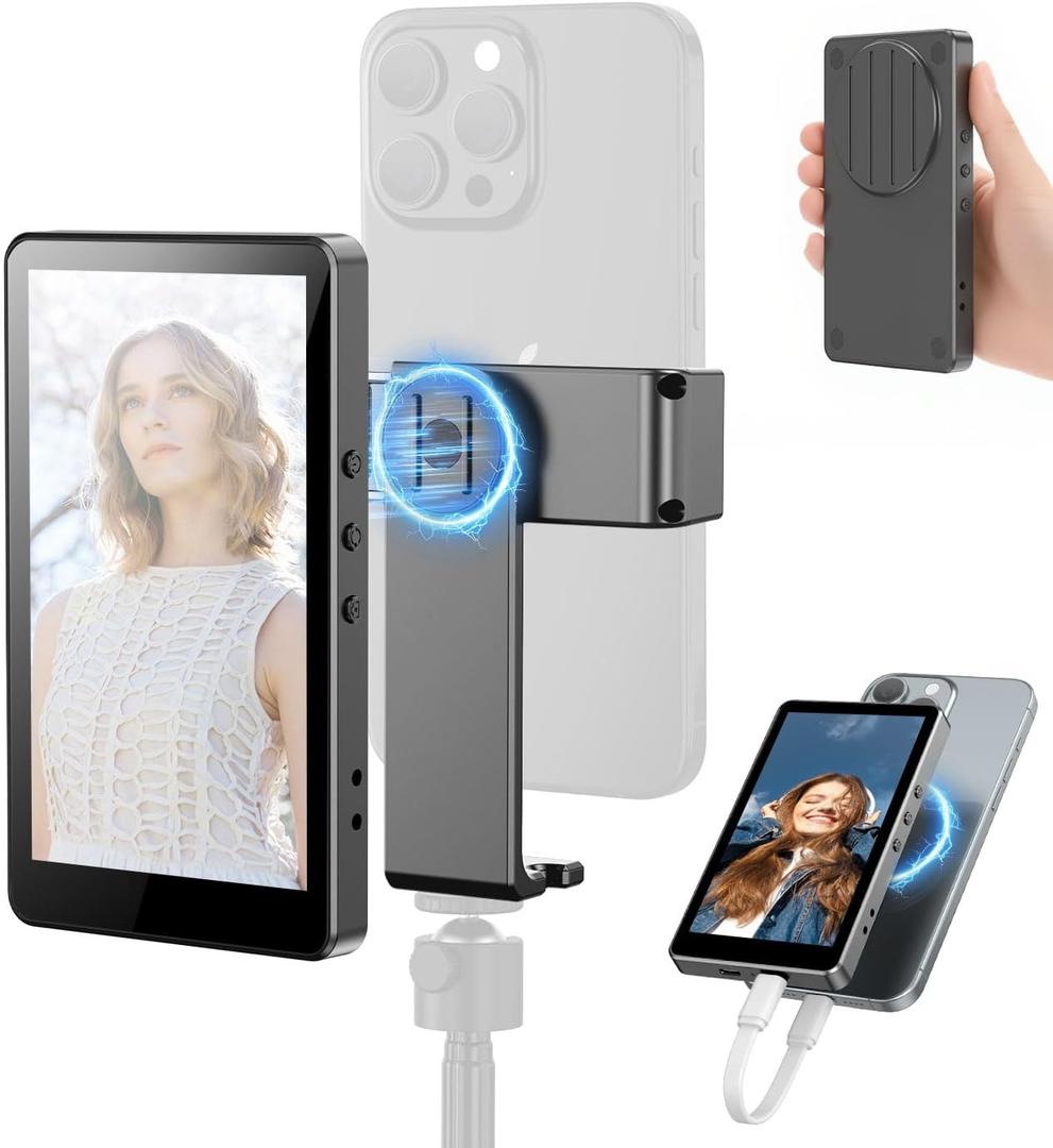 5 Vlog Selfie Monitor Screen with Magnetic Phone Clip Mount for iPhone/Android, Support 4K 30fps Wired/Wireless Recording, Back Camera Monitor for TikTok/YouTube/Vlog Video Recording