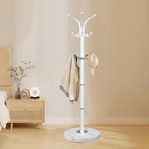 Metal Coat Rack Stand with Natural Marble Base, Modern Coat Rack Freestanding, 360°Rotary Coat Racks with 14 Hooks, Heavy Duty Coat Hall Tree Hanger Stand for Entryway, Office (White)