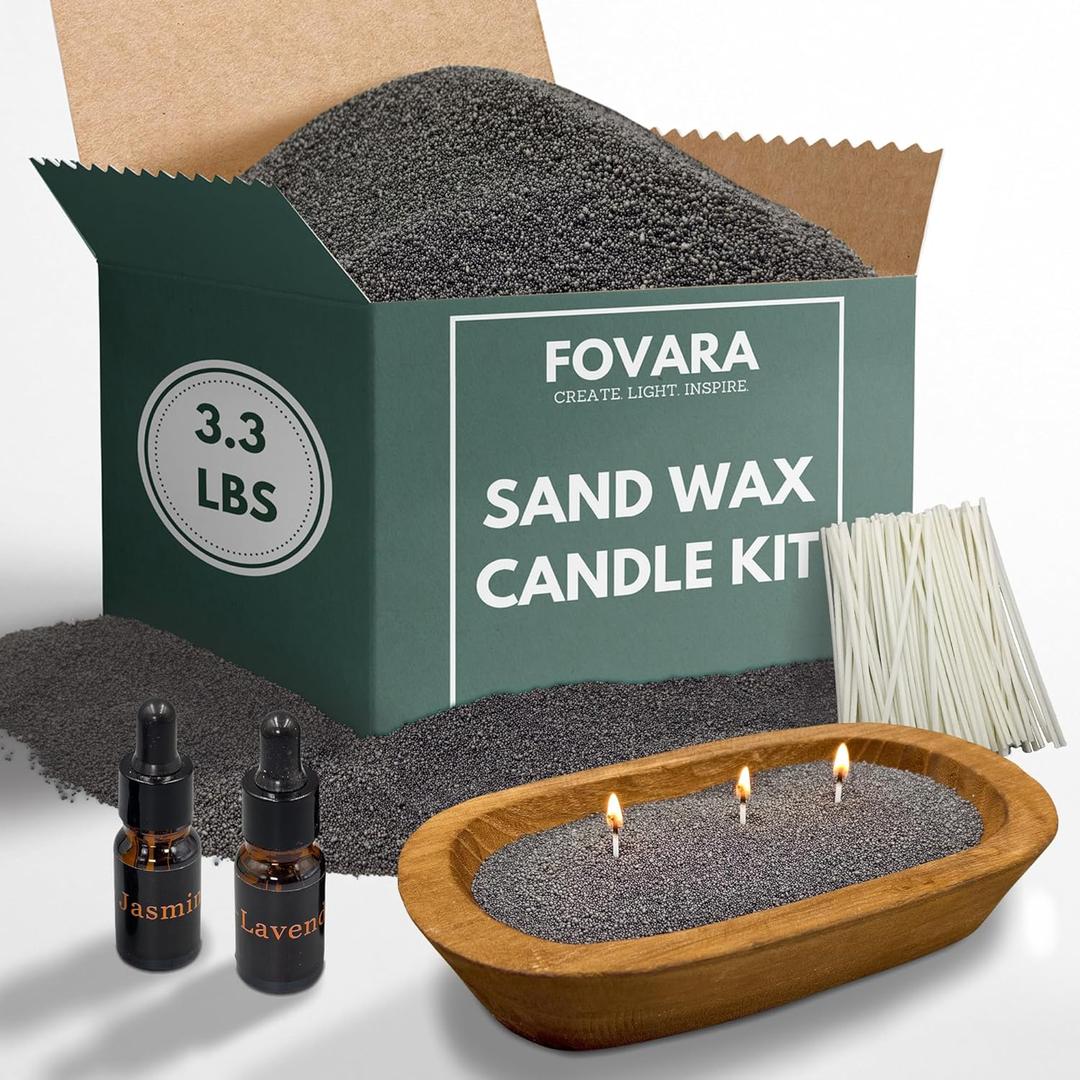 Fovara - Pearled Sand Candles with Wicks, 3.3 lbs - Sand Wax Candle Kit: Wooden Dough Bowl,50 Wicks, Jasmine & Lavender Scented Oil - Long-Lasting Candle Beads, Non-Toxic, Reusable Candles - Black