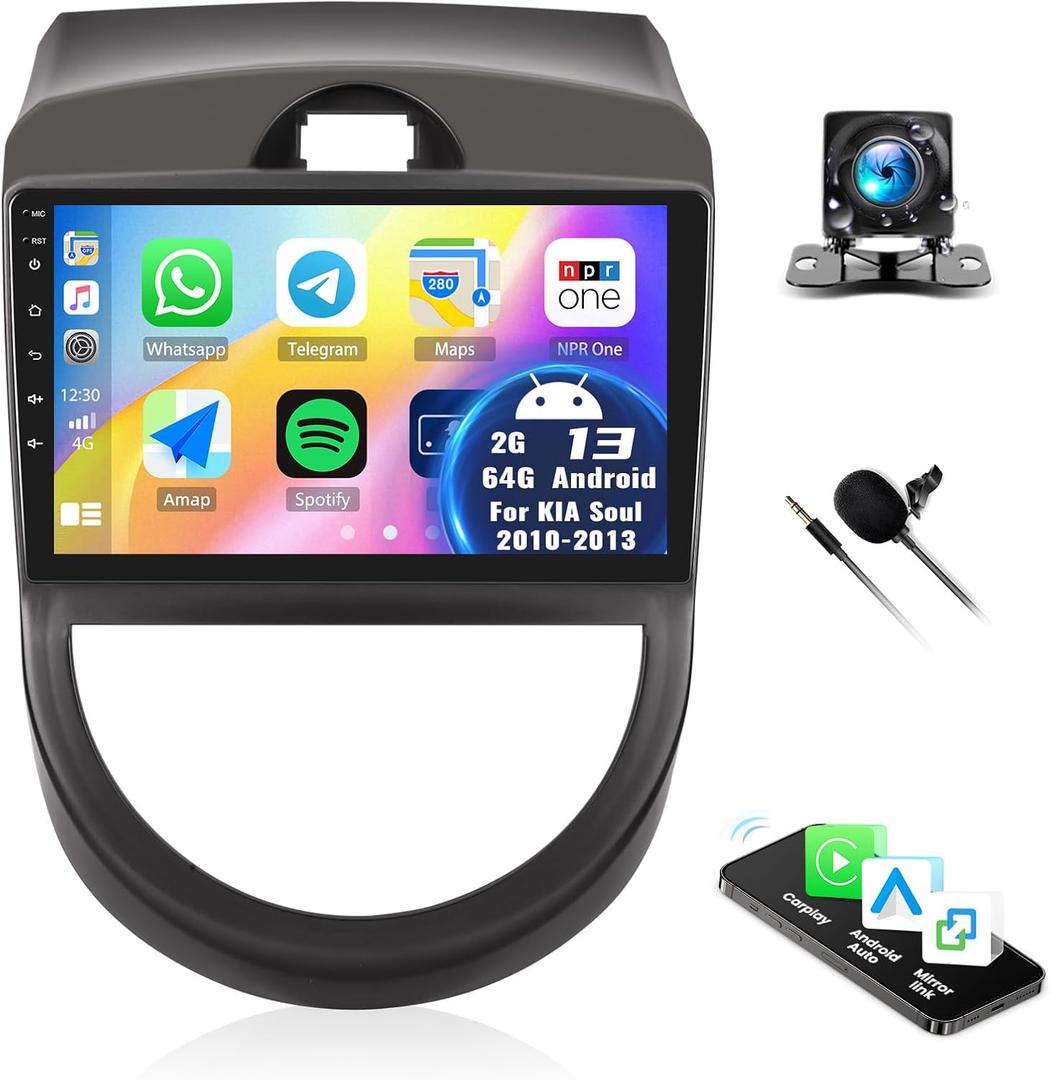 2+64G Android 13 Car Stereo for KIA Soul 2010 2011 2012 2013 with Wireless Carplay Android Auto,9" Touchscreen Car Radio with WiFi GPS Mirror Link Bluetooth EQ FM RDS SWC + Backup Camera