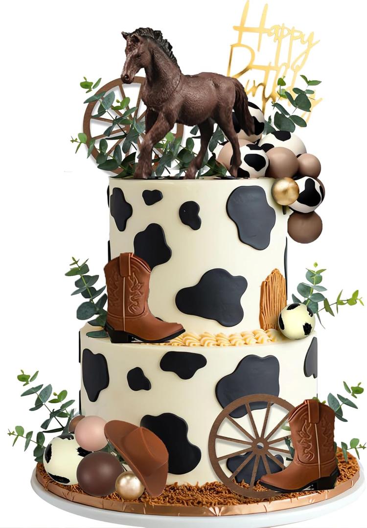 Cowboy Cake Topper Brown Ball Horse Boho Grass Artificial Eucalyptus Cake Decorations Cow Boy Hat for Western Theme Party Cowboy Birthday Party Horse Theme Party Supplies