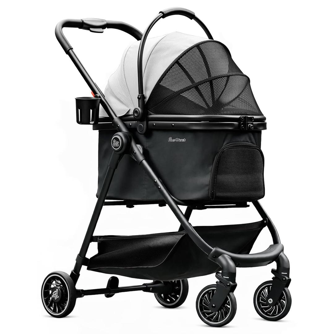 Pet Stroller for Small Dogs and Cats, One-Click Foldable Dog Stroller with Detachable Carrier & 3 Safety Tethers, Holds up to 33 lbs, Storage Basket & Cup Holder, Breathable Mesh, Black