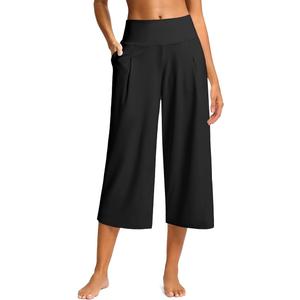 SANTINY Capri Pants for Women Wide Leg Yoga Casual Cropped Pants with Pockets Loose Tummy Control High Waist Capris L