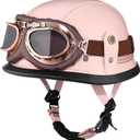 Motorcycle Half Helmet Retro German Handmade Leather Half Face Quick Release Buckle & Goggles - DOT Approved (Pink, M)