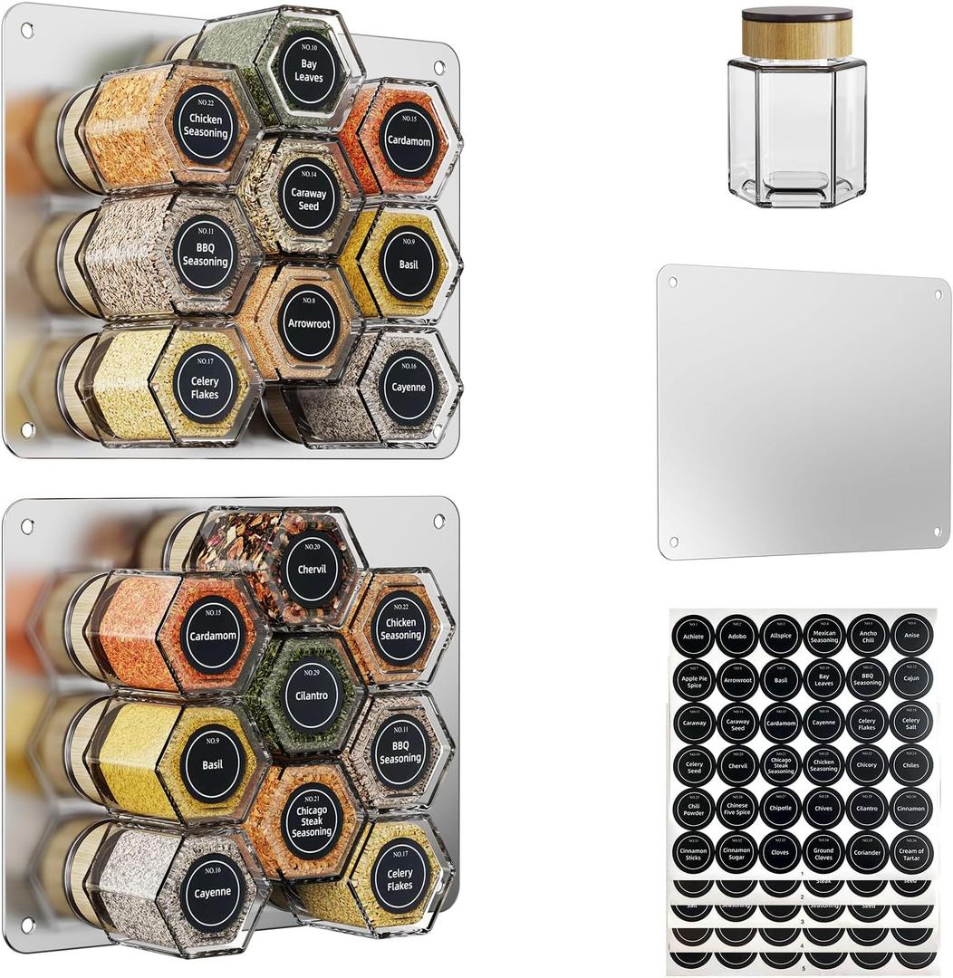 Set of 18 Magnetic Glass Spice Tins with 100 Preprinted Seasoning Label Stickers (Includes Black Metal Wall-Plates)