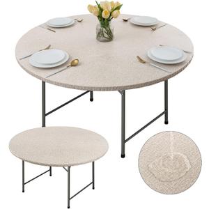 Fitable 2 Pack Faux Linen Round Table Cover with Flannel Backing, Vinyl Fitted Elastic Tablecloth Waterproof Table Cloth for Outdoor Picnic, Party, Indoor Dining, Nature (Fit for 45"-56" Round Tables), 2 Pack | 60RFor 45-56"Round Tight Fit)