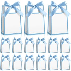 Kolldenn 24 Pcs Small Gift Bags with Bow 6.3 x 3.9 x 2.8 Inch Thank You Gift Bags Elegant Mini Paper Bag with Handles for Wedding Bridal Birthday Baby Shower Bridesmaid Party Favors(White Blue)