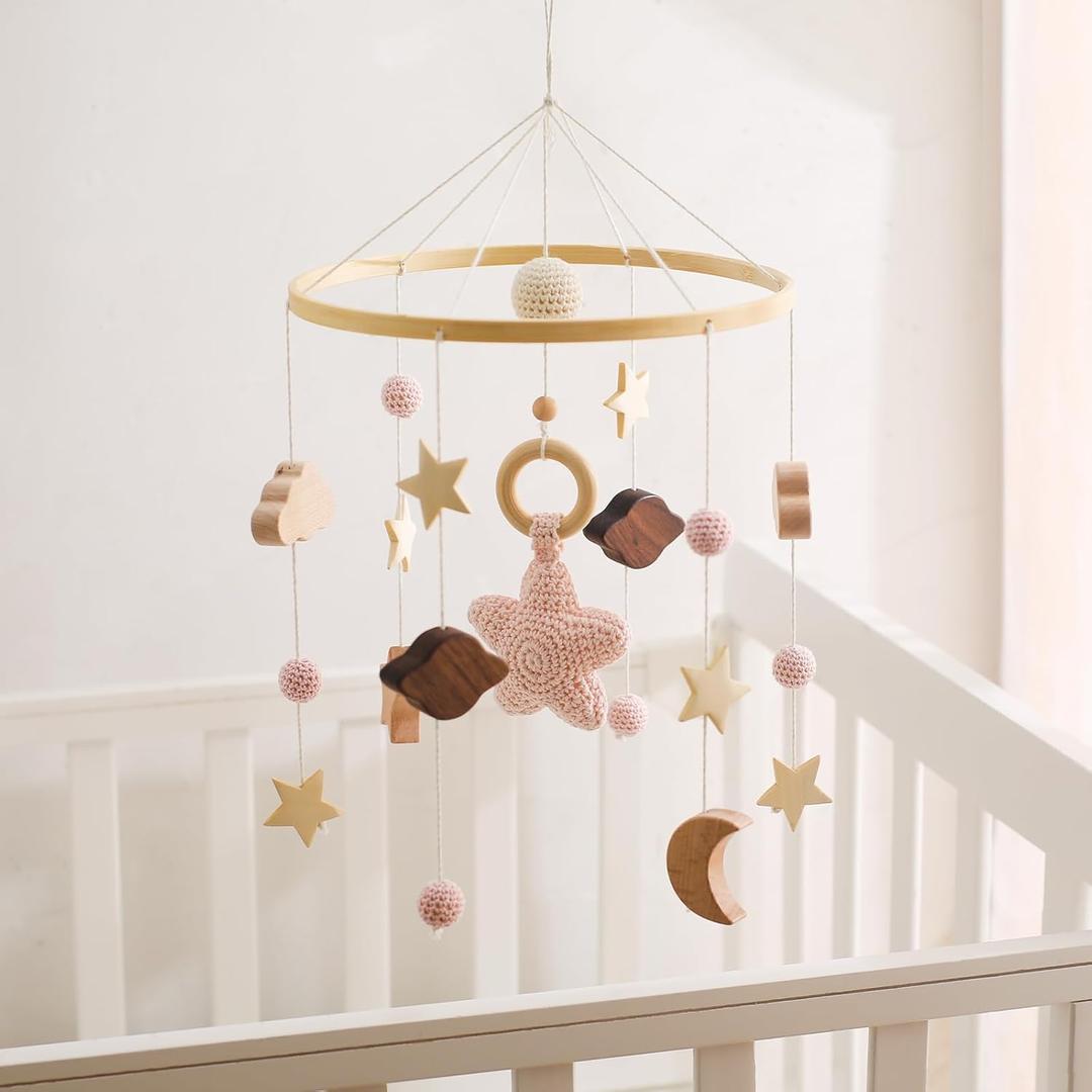 let's make Baby Crib Mobile for Boys Girls| Boho Nursery Mobile| Gender Neutral Hand-Crocheted Mobile| Ceiling Mobile - Stars, Clouds, Moon (Pink)
