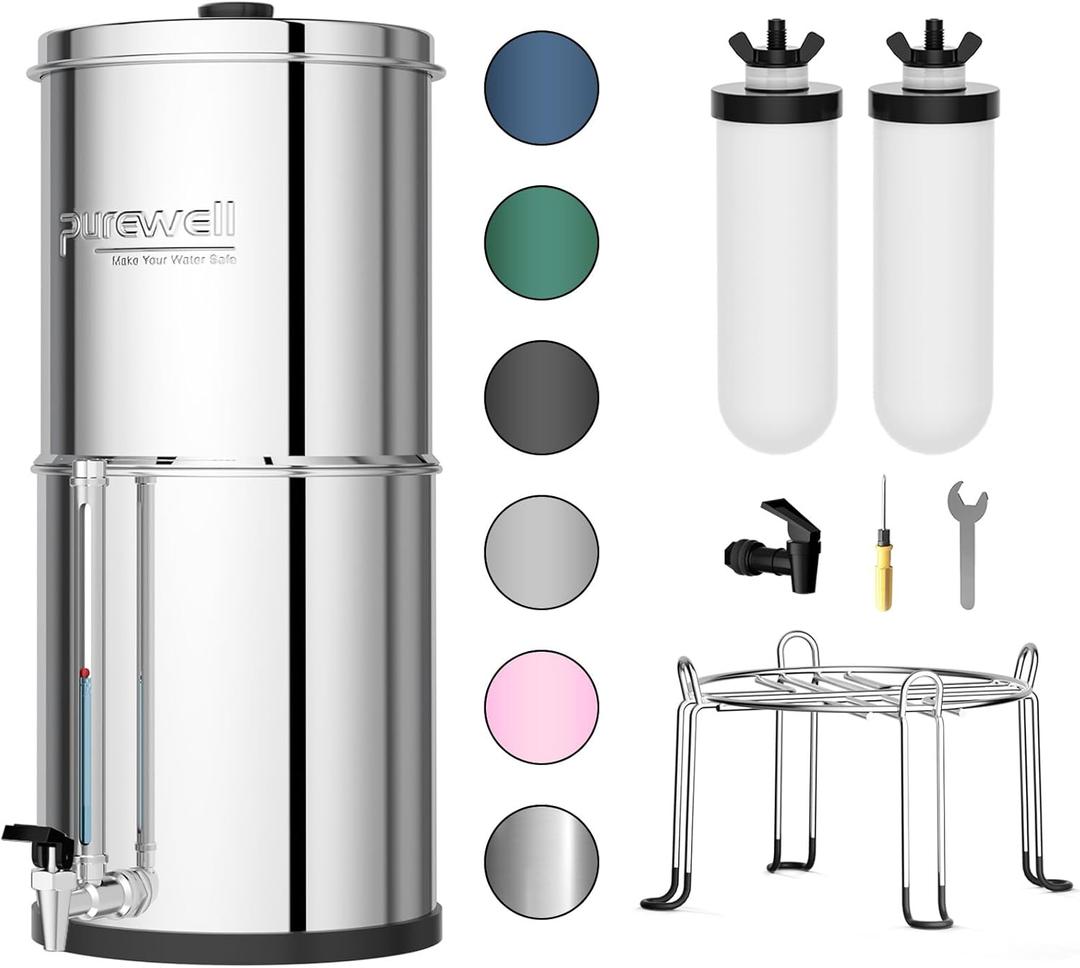 Purewell 3-Stage Gravity Fed Water Filter System, 2.25 Gallon Stainless Steel Countertop System with 2 Washable Ceramic Filters, Metal Water Level Spigot and Stand, Reduce up to 99% Chlorine, PW-OBT-K 