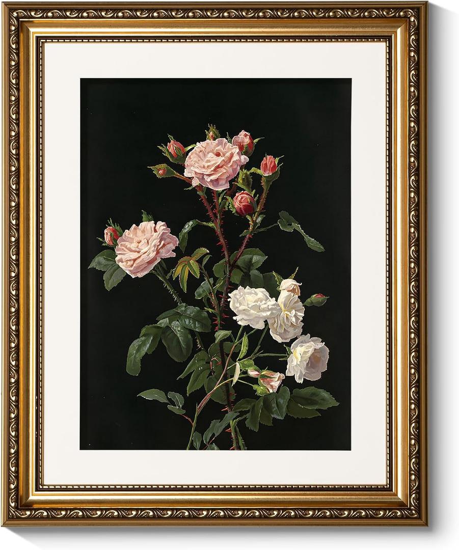 ARPEOTCY Vintage Gold Framed Wall Art, 13x16 inch Classic Floral Pink White Roses Paintings, Victorian Wall Decor for Living Room Bedroom, Canvas Prints Antique Pictures Frame for Room Decor