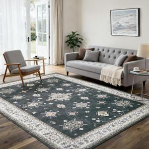 5'x7' Washable Area Rug Non-Slip, Vintage Floral Medallion Distressed Carpet, Soft Low Pile Indoor Floor Mat for Living Room Bedroom Dining Room, Navy Blue & Ivory Vintage