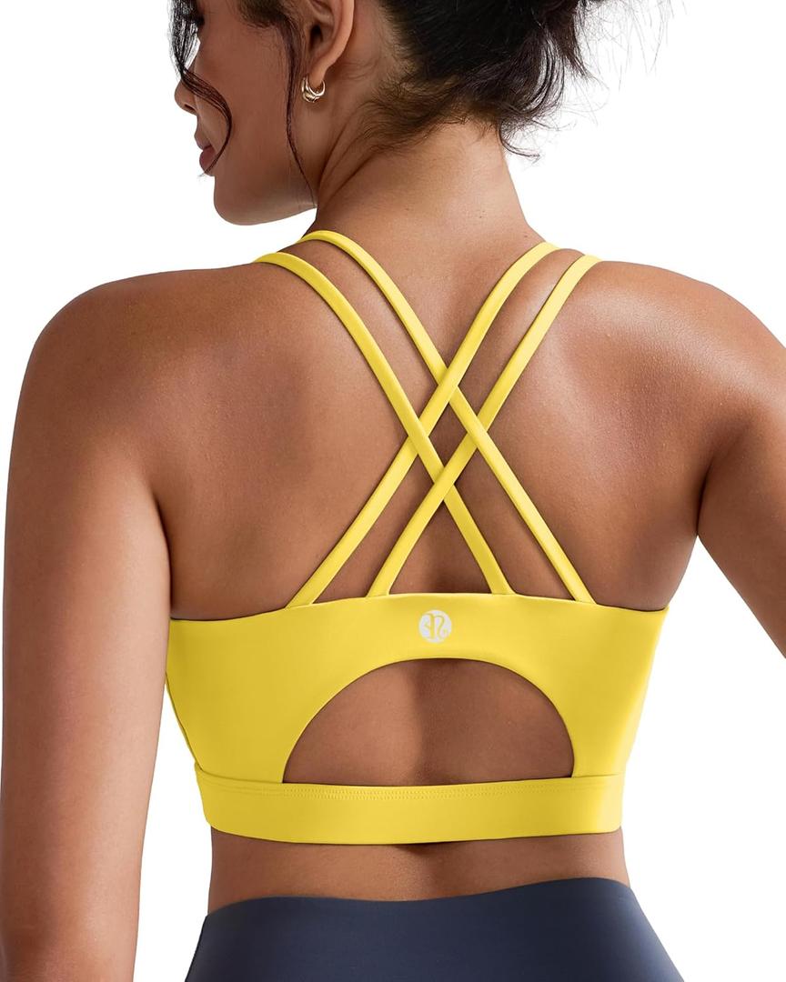 RUNNING GIRL Sports Bras for Women, Strappy Back Supportive Sports Bra Padded Workout Bras Medium Support(WX2354 Yellow, XL)