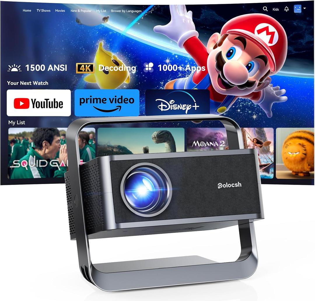 Polocsh Smart Projector 1080P 4K Support with WIFI 6 and 2-Way Bluetooth 1500ANSI Auto Keystone Electric Focus Mini Projectors Home Theater Movie Outdoor Portable Projector (Black)