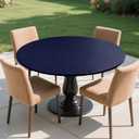 Round Fitted Tablecloth with Elastic Edge, Flannel Backed Vinyl Tablecloths, Wipeable Waterproof Plastic Table Cloth Fits 27" - 32" Round Table for Dining, Camping, Indoor and Outdoor, Dark Blue