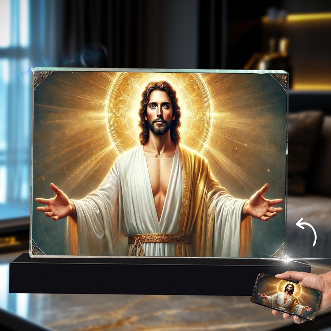 CAPTUR3D 2D Flat Colored Crystal Photo with Light Base, Religious Laser Engraved Jesus Picture Rectangle Shape, Inspirational Christian Gift for Family, Friends 5X7 Landscape (5" x 7" Landscape)