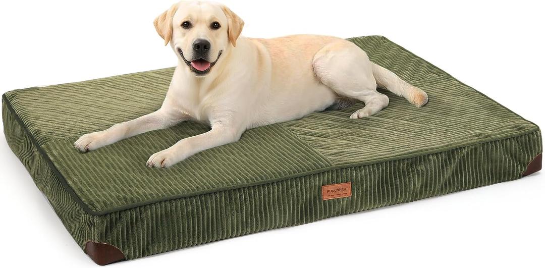 FUKUMARU Dog Bed, Thickened Corduroy Orthopedic Dog Beds with Washable Cover, Large Waterproof Dogs Bed for Crate, 28D Egg Crate Foam Support Pet Mat, Cozy Pet Bed Pad with Anti-Slip Bottom, Green 36"L x 22"W x 3.5"Th