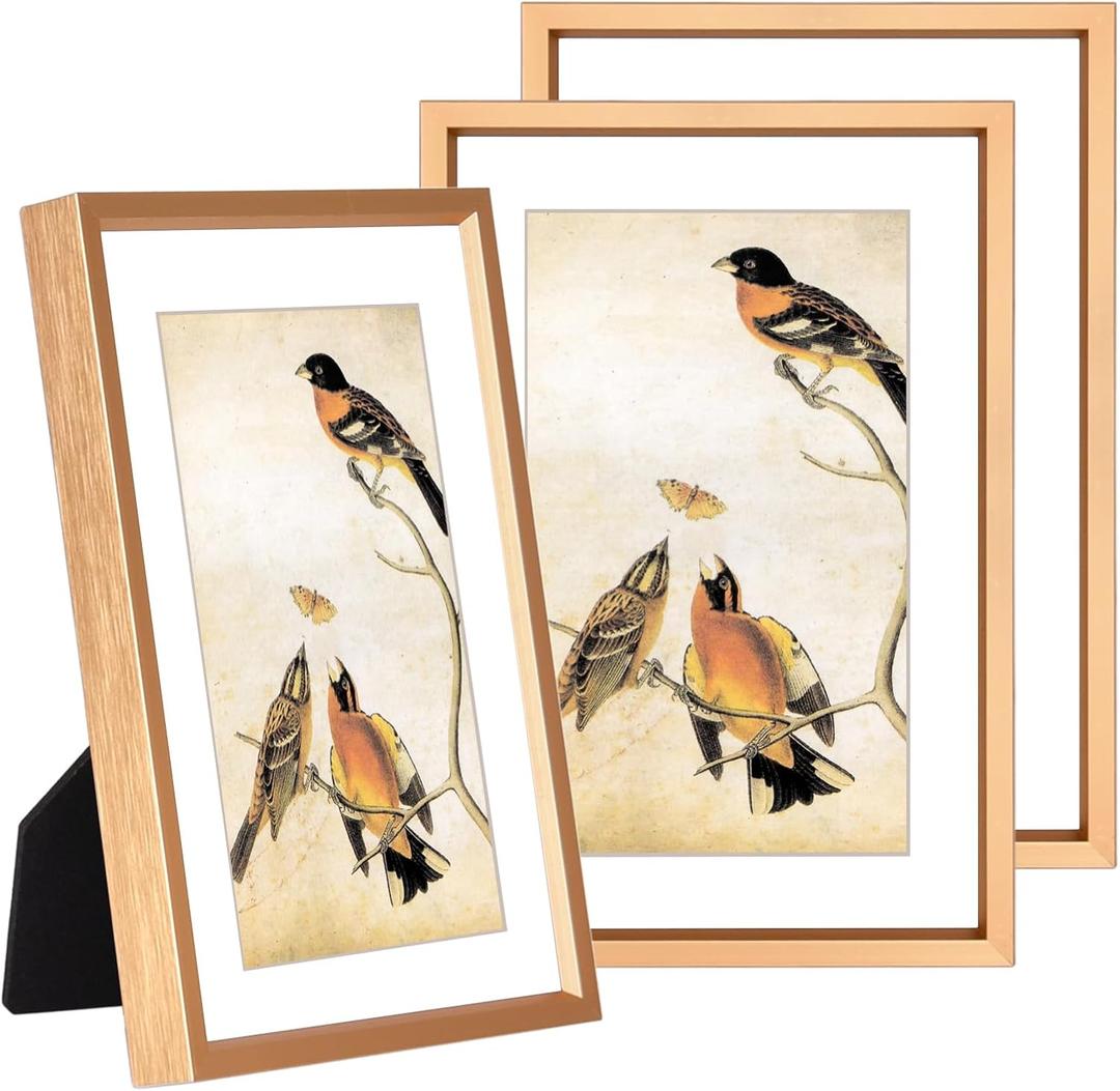BKABOT 4x6 Picture Frame Set of 3, Gold Metal Photo Frames with HD Glass, Fits 3x5 with Mat or 4x6 without Mat, Wall Hanging and Table Display