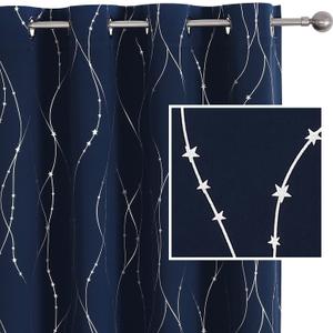 SMILE WEAVER Navy Blackout Curtains for Kids Bedroom 84 Inch Length,Printed Design Room Darkening Curtains for Living Room,Soft Thick Thermal Insulated Window Treatment Drapes 2 Panels (Navy Blue Silver)