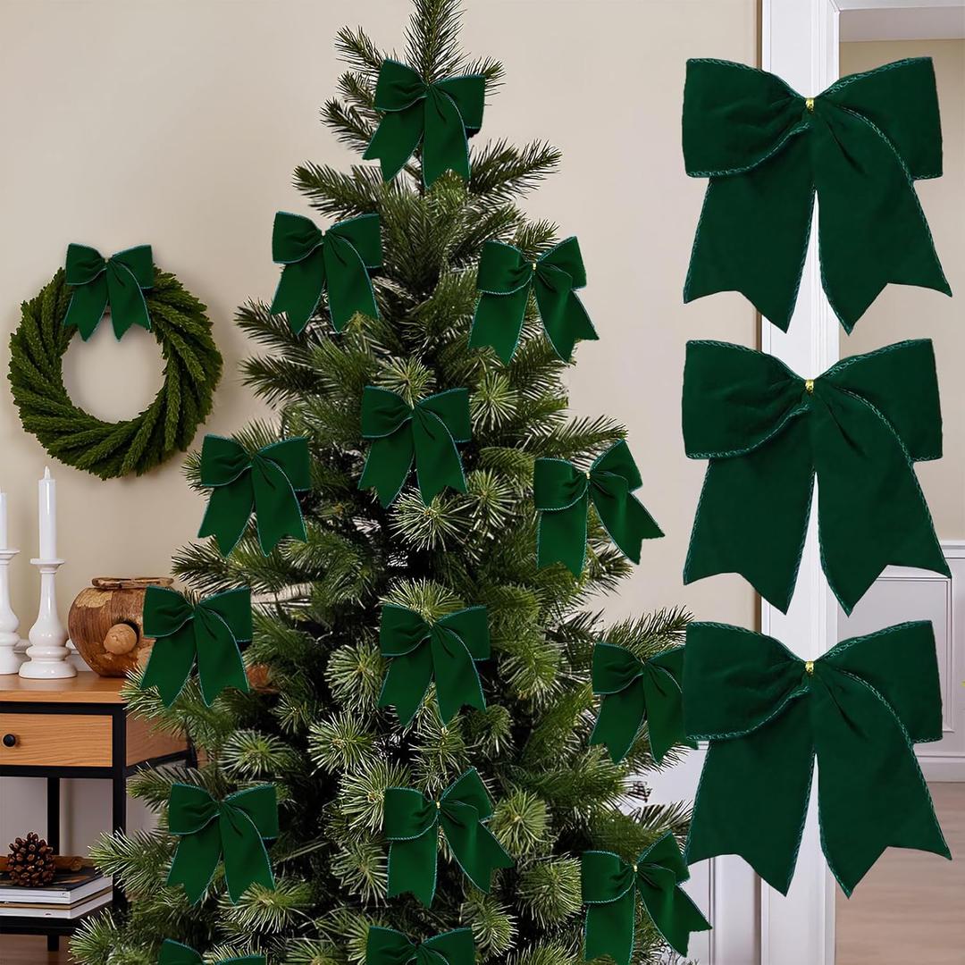 18Pcs Vintage Green Velvet Christmas Bow Decor - 6 Inch Cozy Rustic Ribbon Bow Ornaments for Christmas Tree, Wreaths, Garland, Gift Wrapping, DIY Crafts & Xmas Home Decoration