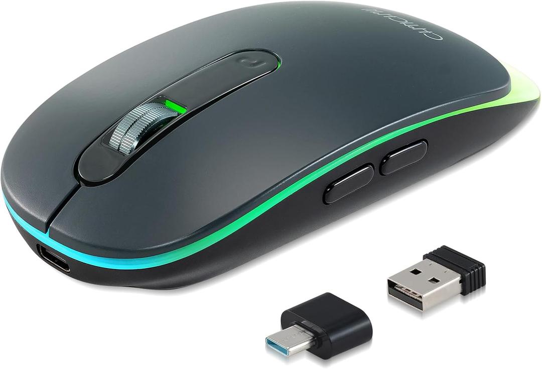 Wireless LED Mouse Rechargeable 2.4GHz/Bluetooth Multi Connect Method Silent Slim with Big Exchangeable Battery 1600DPi USB compatible with Mac Windows for PC laptop office with C-adapter cord manual (white-grey)