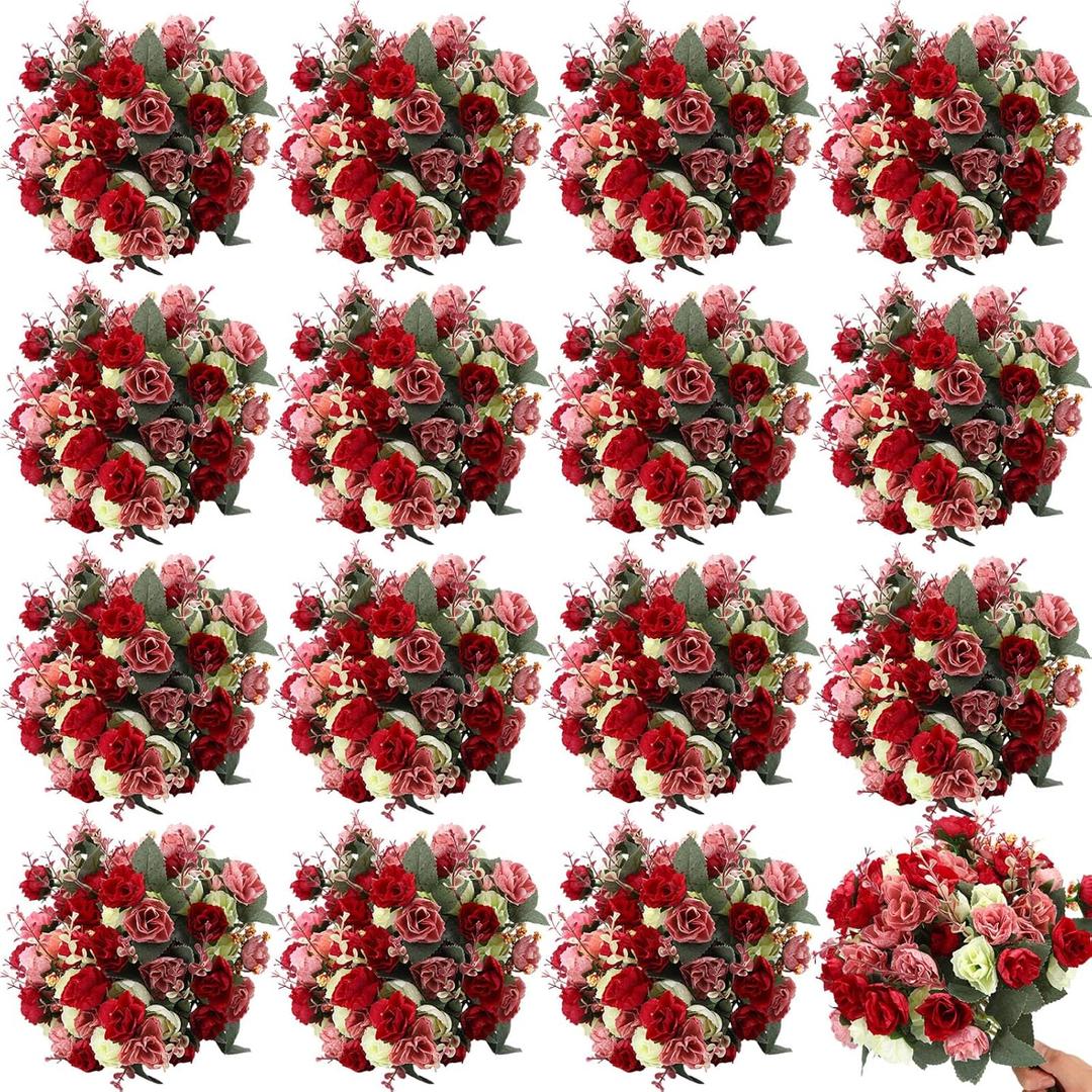 Geosar 16 Pcs Rose Artificial Flowers Fake Flowers Bouquet 21 Heads Silk Faux Floral Bundles with Stem for Home Bridal Wedding Arrangements Table Centerpieces Party Decor (Mixed Colors)