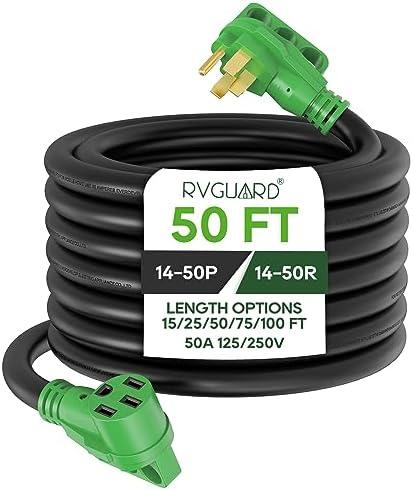 RVGUARD 50 Amp 50 Foot RV/EV Extension Cord, NEMA 14-50P/R Heavy Duty Extension Cord with LED Power Indicator and Cord Organizer, Green, ETL Listed
