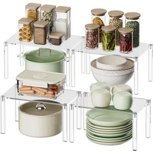YUNEASELF Clear Cabinet Organizer: Acrylic Shelf Riser Set of 4 for Kitchen Pantry Organizers and Storage - Countertop Spice Rack for Cabinet - Stackable Display Shelf Decor for Gift