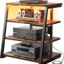 Armocity 4-Tier AV Media Stand with Power Strips, Stereo Stand with LED Lights, Audio Tower Rack with Adjustable Shelves, Small Entertainment Center, 30'', Rustic Brown