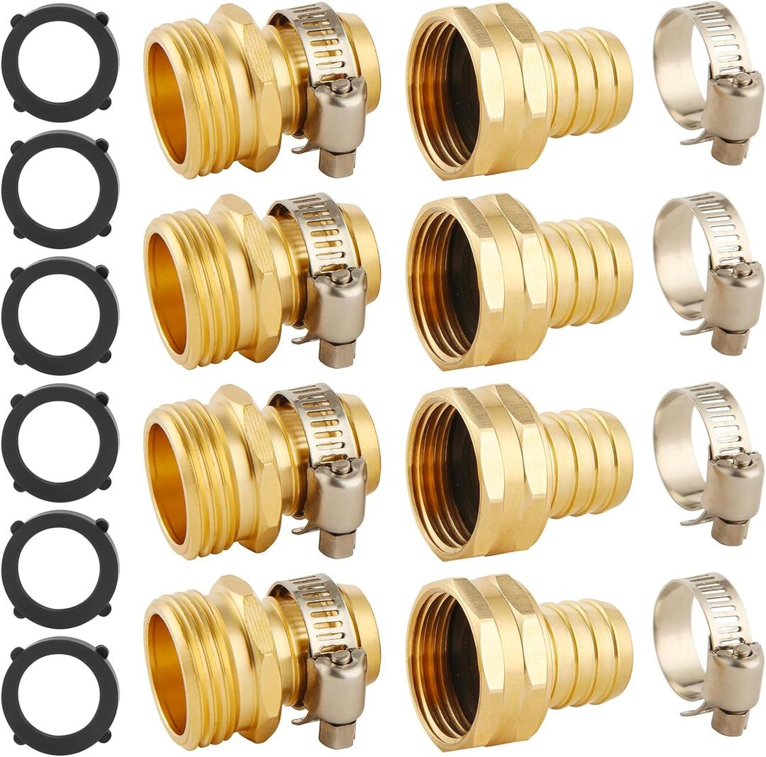 4 Set Brass Garden Hose Repair Connector Kit with Clamps, Fit for 3/4" Garden Hose Fitting,3/4'' Barb x 3/4'' GHT Garden Hose Adapter/Fittings, Water Hose Repair Kit