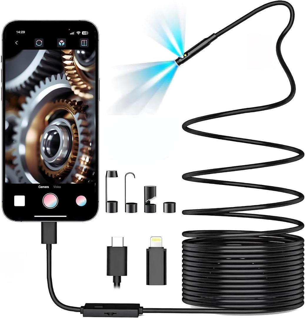 Dual-Lens Endoscope Camera with Light,Borescope with 8 Adjustable LED Lights 1920P HD,16.5ft Semi-Rigid,IP67Waterproof USB Inspection Camera for iPhone,Gadgets for Men