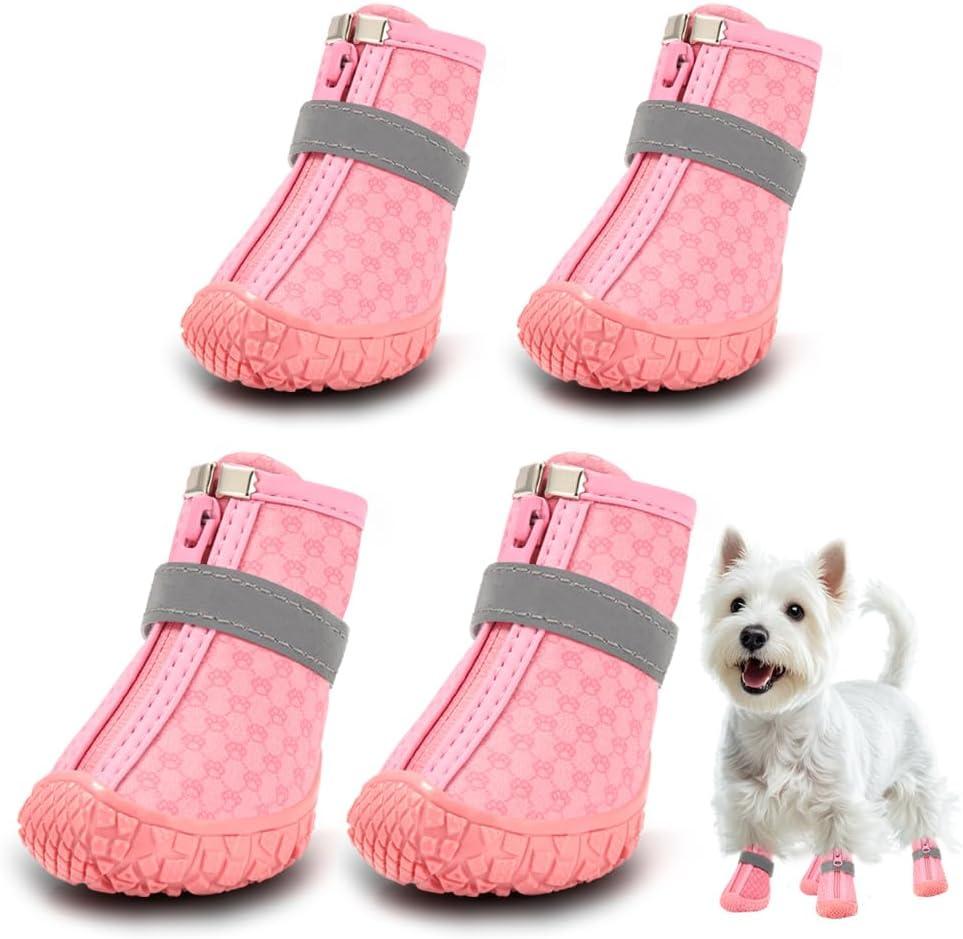 Dog Shoes for Small Dogs, Waterproof Dog Boots Paw Protector for Hot Pavement Winter Snow, Dog Booties with Reflective Strips Rugged Anti-Slip Sole for Hardwood Floors Outdoor Walking Pink Size 3 (#3 (Width 1.49 inch) for 11.0-16.5 lbs)