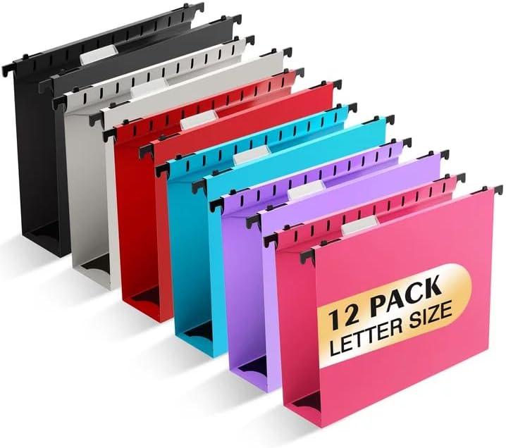 Extra Capacity Plastic Hanging File Folder, 12 Pack Reinforced Hang Folders Letter Size, Heavy Duty 2 Inch Expansion Filing Cabinet Folders for Bulk Files, Medical Charts, Assorted Colors